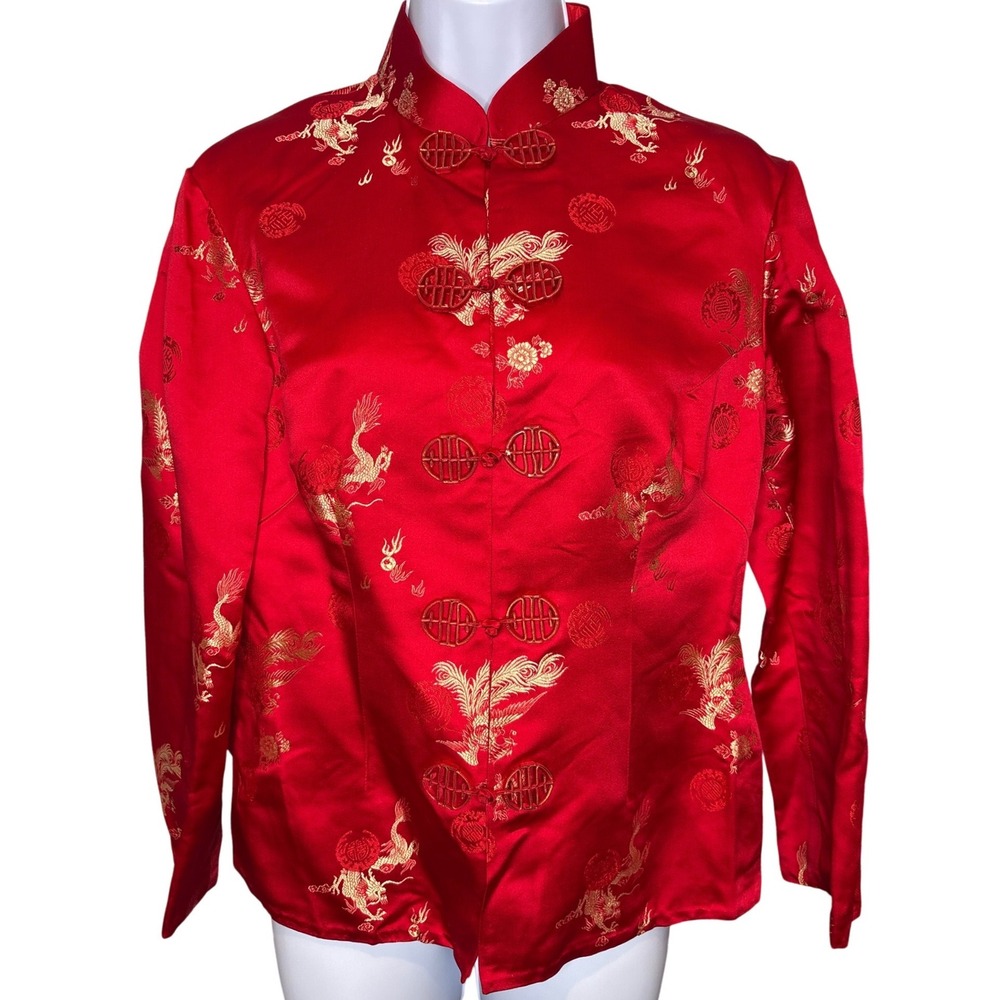 Womens Red Tang Suit Jacket Est Sz M Excellent Silky‎ Dragon Phoenix Frog Button